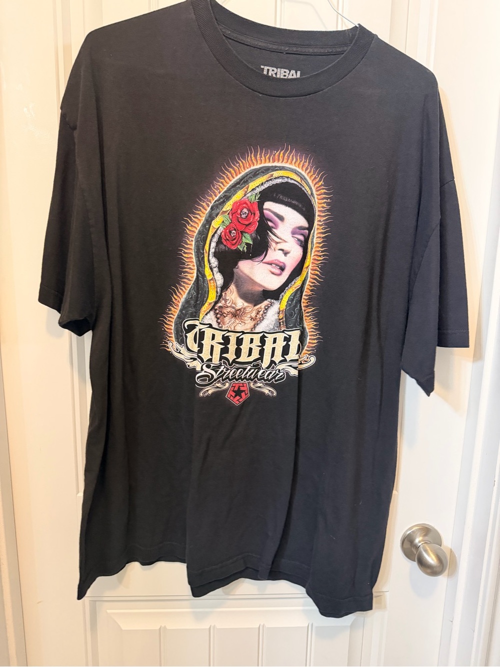 Tribal Streetwear Black Crewneck Tee with White Logo Print